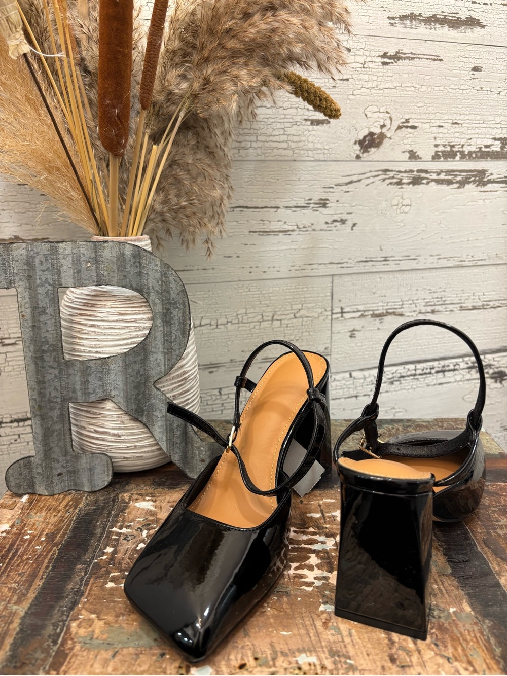 Black Patent Slingback Block Heel Pumps